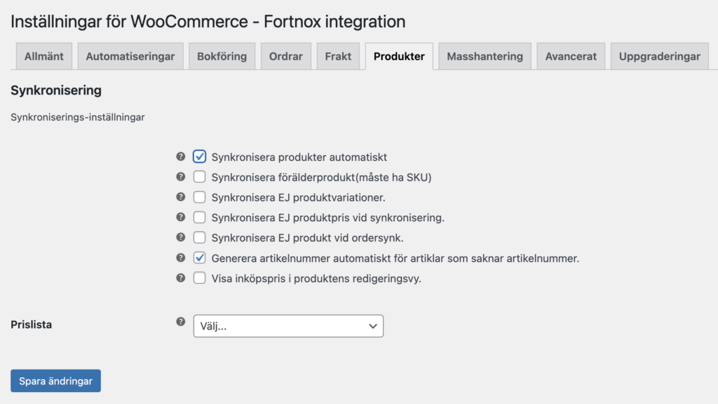 Bild som visar olika alternativ för synkronisering av produkter för Wetail's Fortnox-integration.