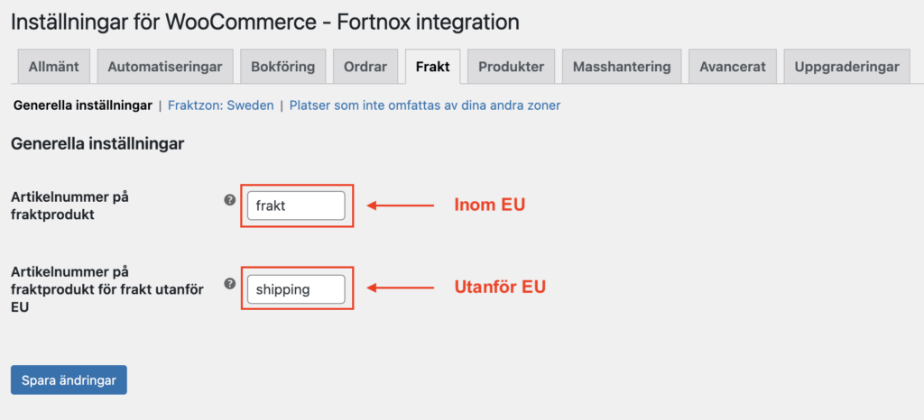 Bild som visar hur man lägger till SKU på de artiklar som ska användas som frakt i Wetail's Fortnox-integration.