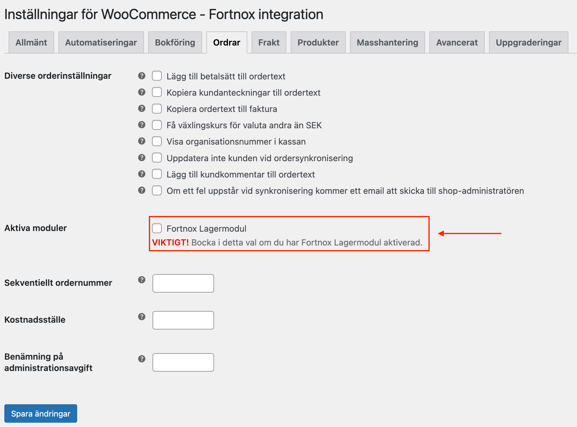 Bild som visar hur man ställer in om man har Fortnox Lagermodul aktiv i Wetail's Fortnox-integration.