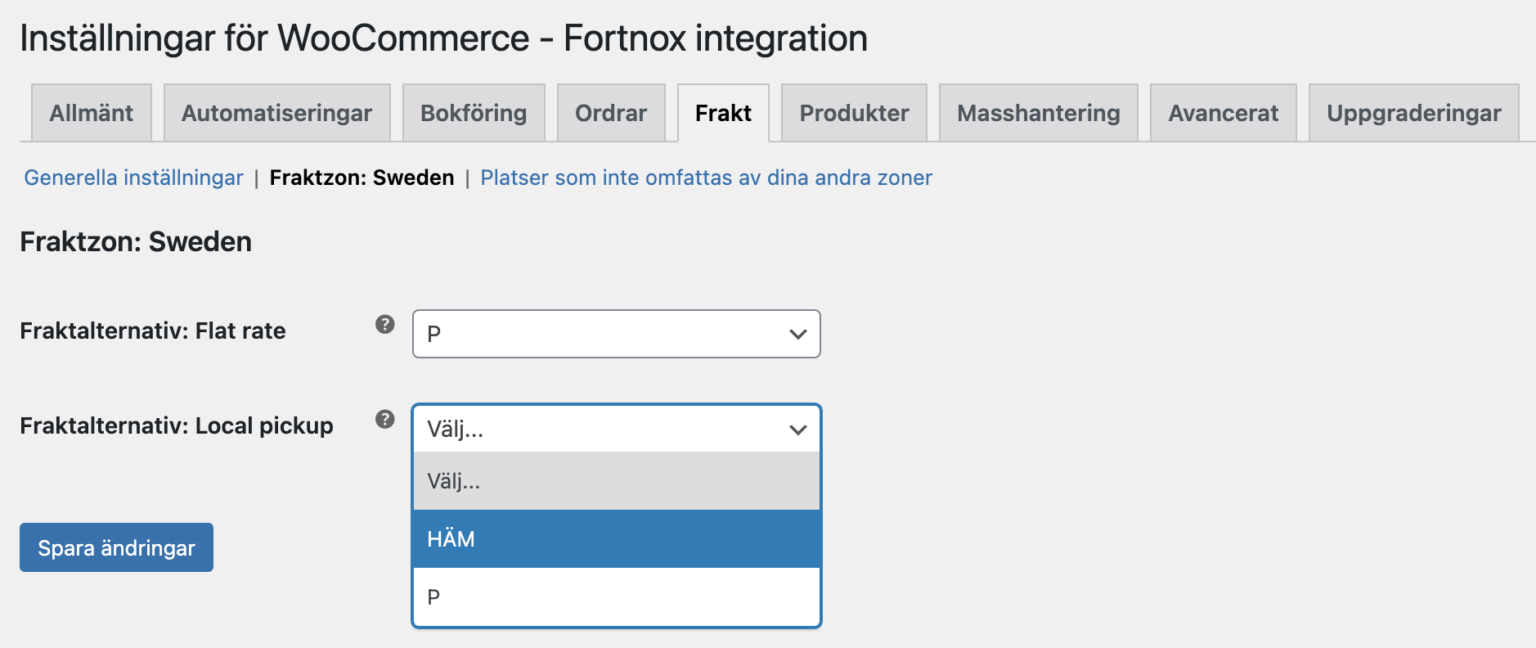 Bild som visar hur man mappar ett leveranssätt i WooCommerce till Fortnox när man använder Wetail's Fortnox-integration.