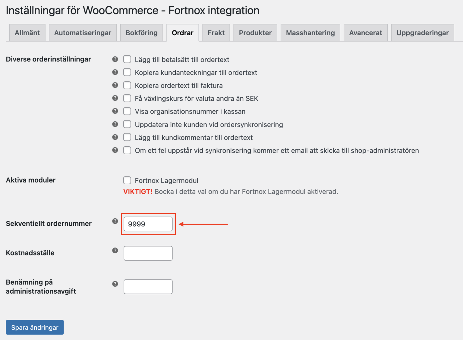 Bild som visar hur man sätter ett prefix till sina ordernummer i Wetail's Fortnox-integration.