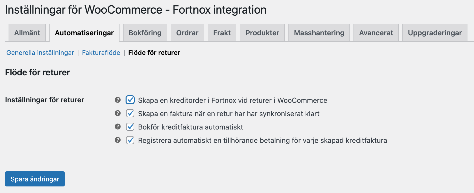 Bilden som visar retur-inställningar för Wetail's Fortnox-integration.