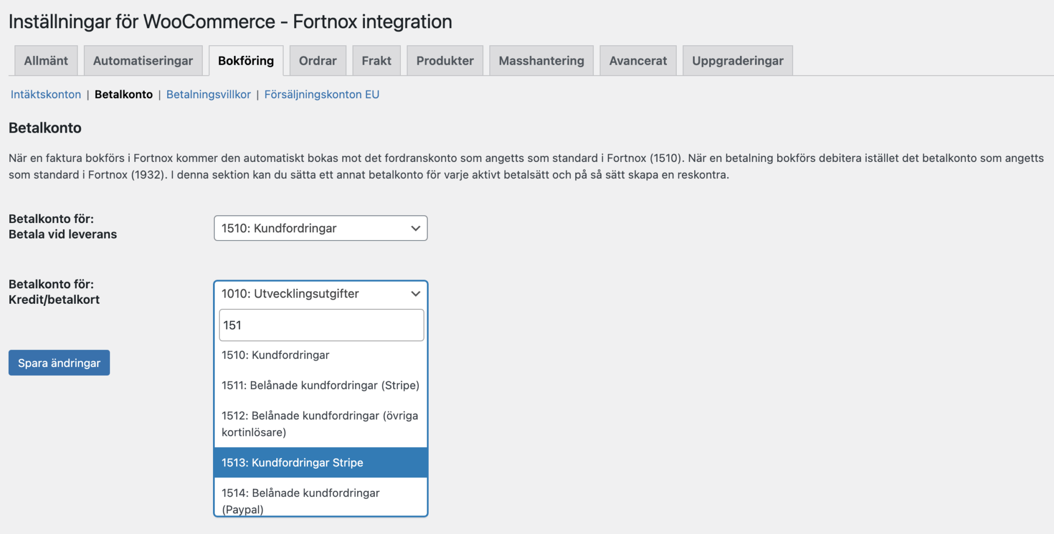 Bild som visar hur man väljer bokföringskonto för betalningar i Wetail's Fortnox-integration