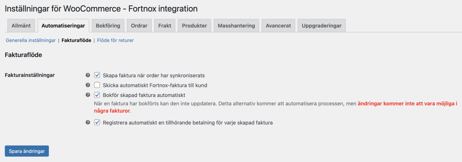 Bild som visar de fakturainställningar som görs vid automatisering för Wetail's Fortnox-integration.