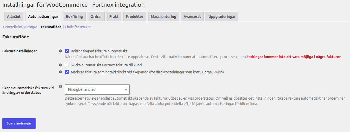 Bild som visar de fakturainställningar som görs vid automatisering för Wetail's Fortnox-integration.