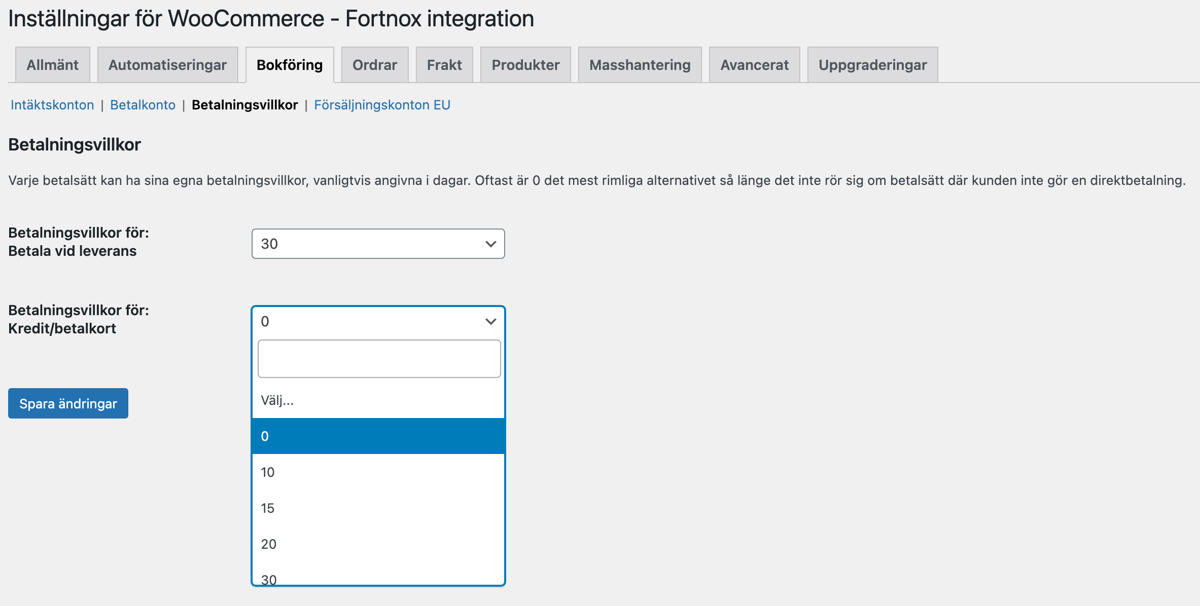 Bild som beskriver hur man väljer betalningsvillkor i Wetail's Fortnox-integration.