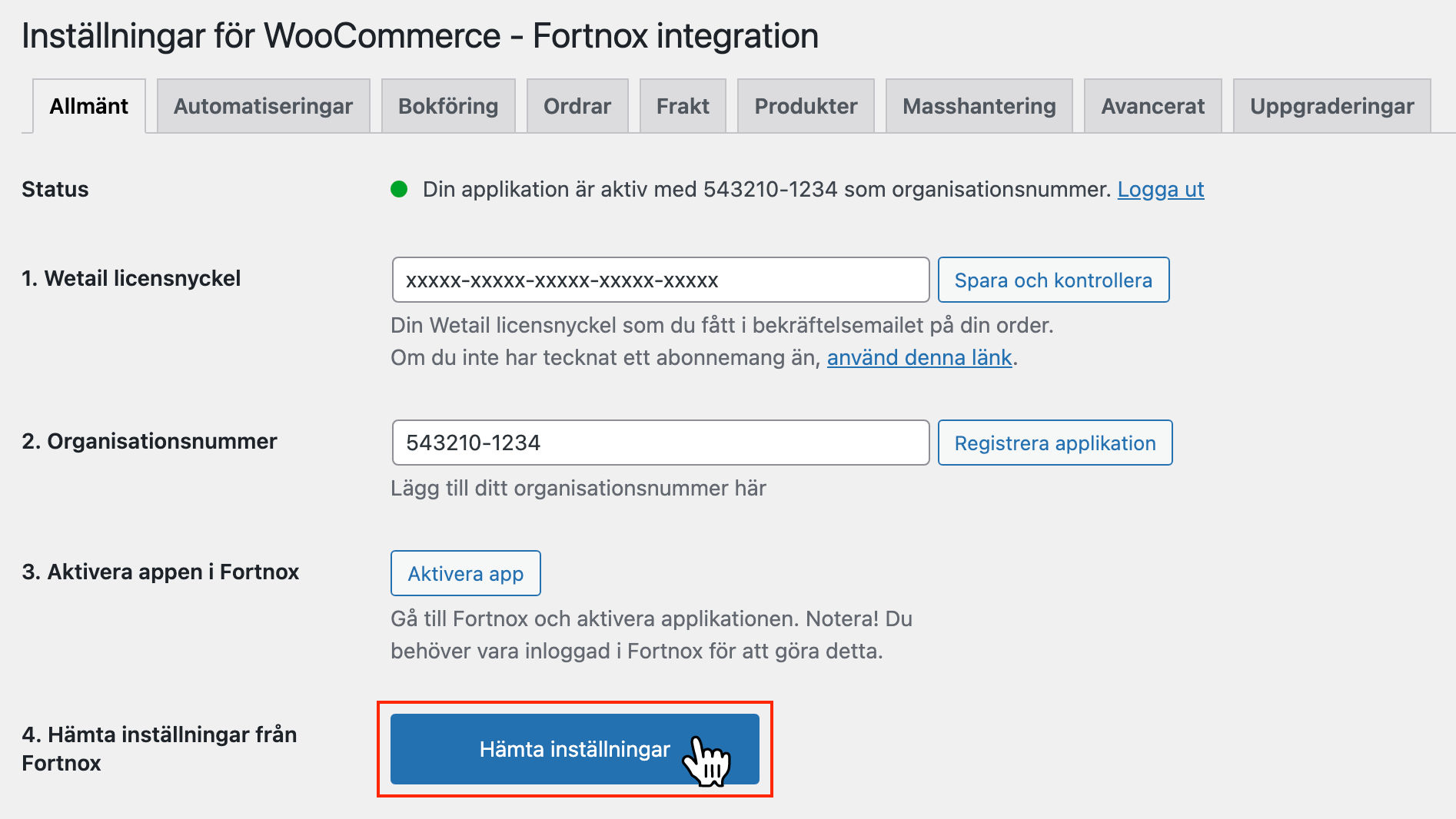 Bild som visar hur man hämtar inställningar från Fortnox i Wetail's Fortnox-integration