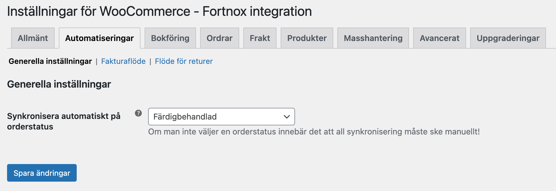 Bild som visar var i Wetail's Fortnox-integration man ställer in automatisk ordersynkronisering